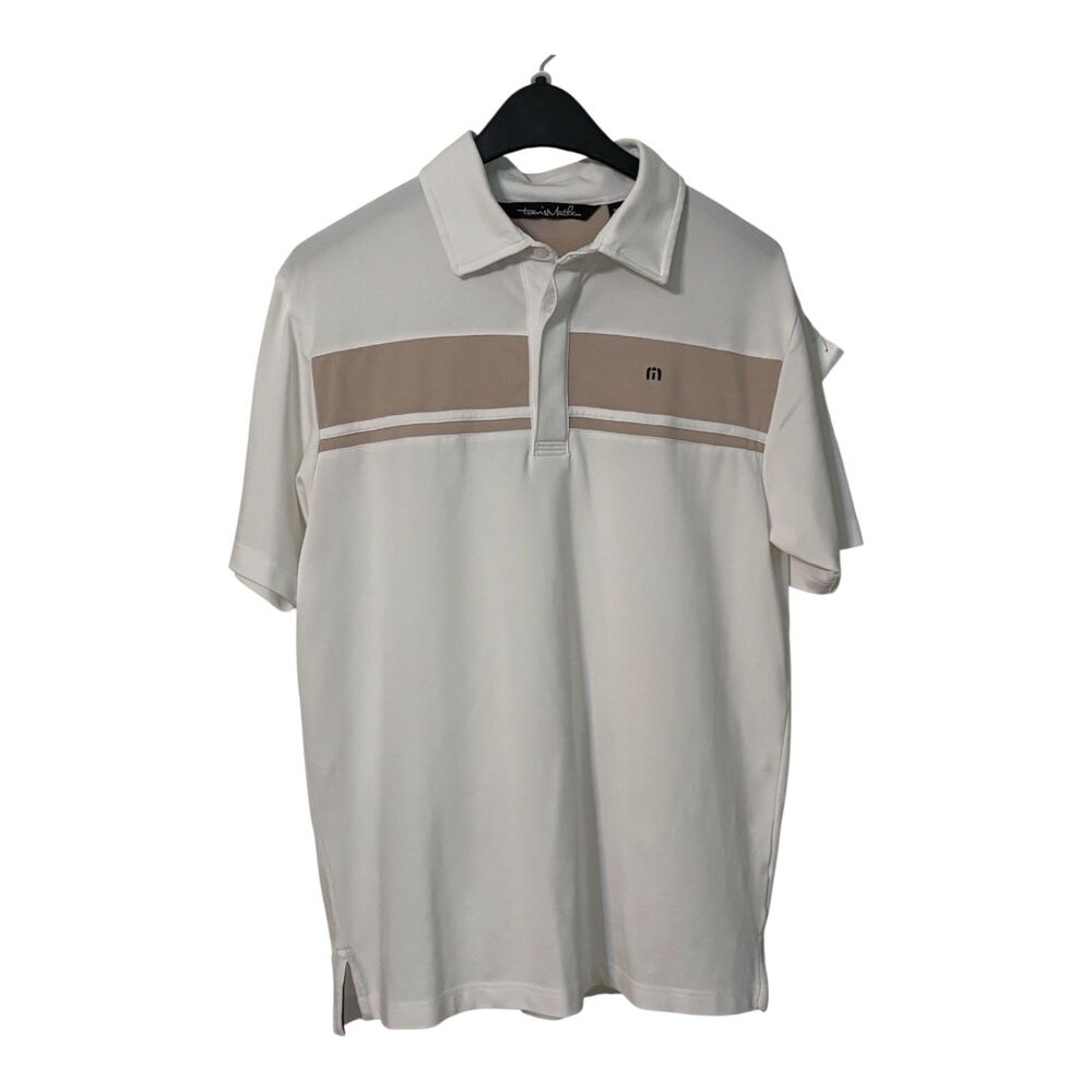 Travis Mathew Golf Polo Shirt Mens M White Tan Stripe Performance Stretch